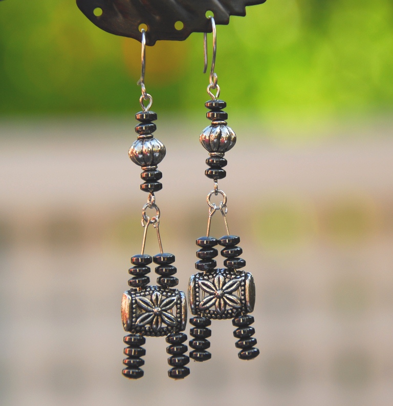 Silver and Gunmetal "Eiffel Tower" Earrings by Kashmira Patel