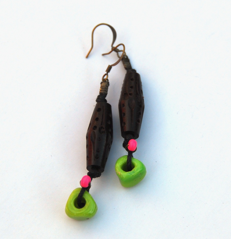 Carved wood and lime green earrings
